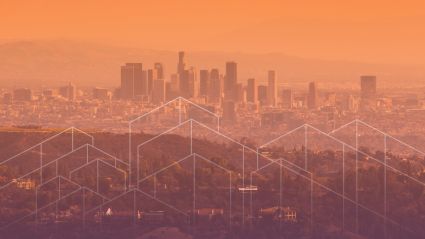 A hazy, orange-toned panoramic view of the Los Angeles skyline at sunset, overlaid with white geometric outlines of houses in the foreground.